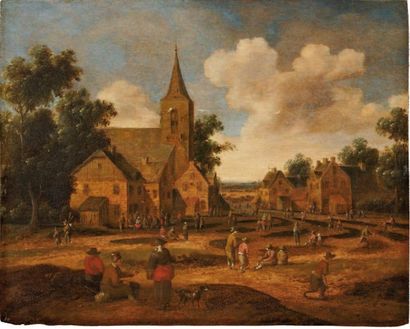 DROOGSLOOT Cornelis Utrecht 1630 - après 1673 «Scène de village avec paysans et villageois...