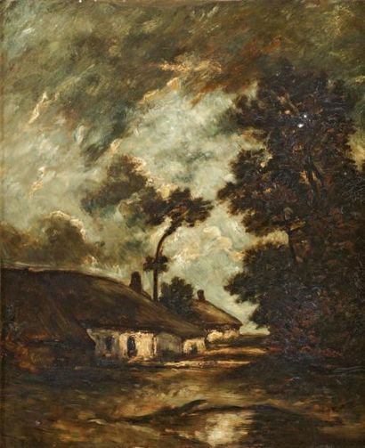 DUPRE Jules (1811 - 1889) «Chaumière à Cayeux, en Normandie» Huile sur toile Traces...