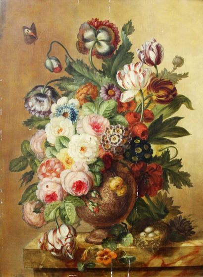null Ecole hollandaise vers 1900 

Paire de bouquets de fleurs dans un vase, sur...