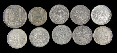 null One 20 FF Turin coin, one 10 FF Turin coin, one 2 FF Semeuse coin, seven 1 FF...