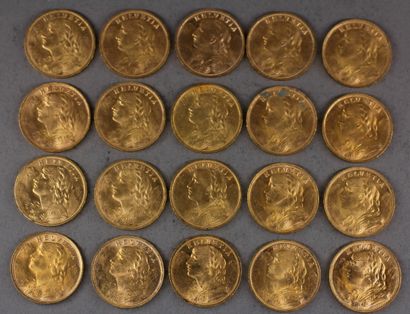 Twenty 20 Swiss Franc gold coins