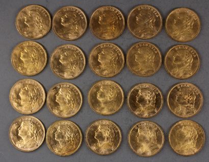 Twenty 20 Swiss Franc gold coins