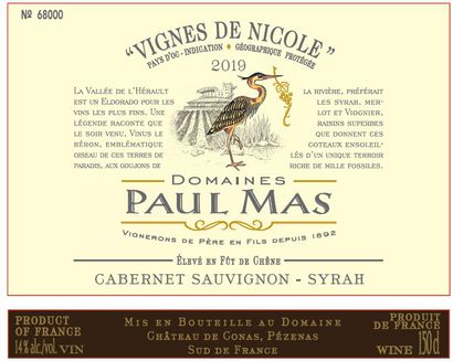null 6 magnums 

CABERNET-SYRAH ,"Vignes de Nicole", Château Paul Mas,2019