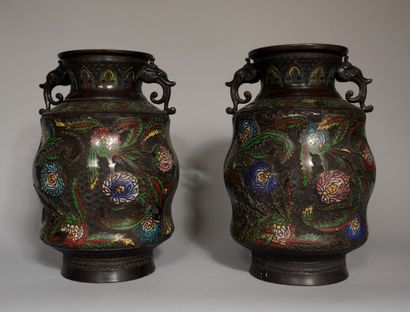 null A pair of patinated bronze and polychrome cloisonné bronze vases with handles,...