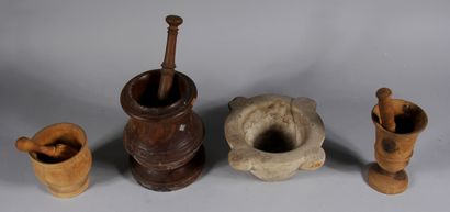 null Stone mortar and three natural wood mortars with their pestles

H : 12,5 - 22...