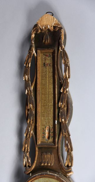 null Baromètre-thermomètre en bois sculpté redoré et laqué, XIXème s.

H : 94 cm....