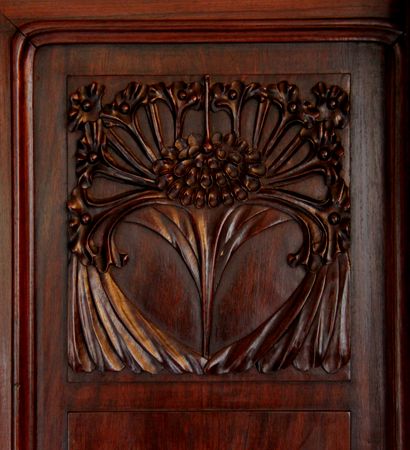 null Natural wood wardrobe carved with flowers with three doors and a locker, work...