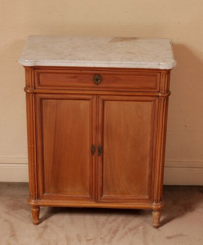 null Small low natural wood cabinet with one drawer and two leaves, stained white...