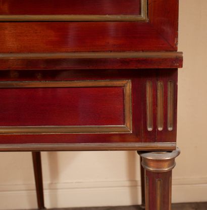 null Mahogany veneered tiered cylinder desk, brass frames, white veined marble top...
