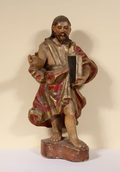 null Saint Jean-Baptiste en bois sculpté en rondebosse, polychromé et doré. Il tient...