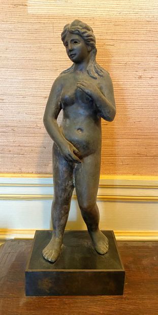 null Sculpture in metal with green patina representing a standing naked woman in...