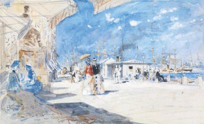 BUHOT Félix Hilaire (1847-1898) Promenade sur les quais au Havre, 1876 Aquarelle,...