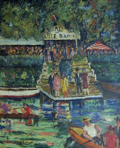 GENIN Lucien (1894-1958) Le bal de l'Ile d'Amour Huile sur toile Signée en bas à...