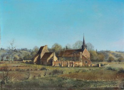 DRACHKOVITCH Thomas Albert (né en 1928) Église dans un hameau Huile sur Isorel Signé...