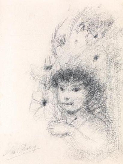 GOERG Edouard (1893-1969) Fillette au bouquet Crayon et estampe sur papier Signé...