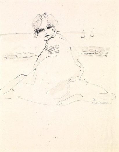 CASSIGNEUL Jean-Pierre (né en 1935) Elégante sur la plage Encre et lavis d'encre...