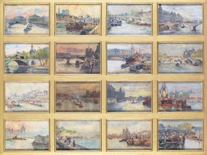 Ecole moderne Les ponts de Paris Ensemble de 16 huiles sur toiles Signées réunies...