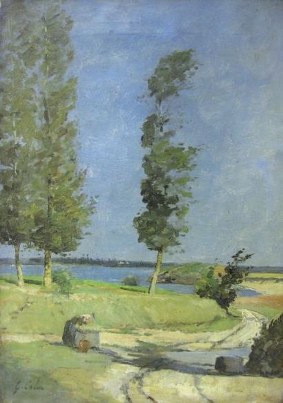 COLIN Gustave Henri (1828-1910) Lavandière au bord de l'eau Huile sur toile Signée...