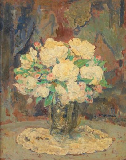 MAXENCE Edgar (1871-1954) « Bouquet de roses sur un entablement » Huile sur Isorel....