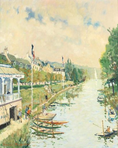 BOUYSSOU Jacques (1926-1997) Bateaux dans le port d'Honfleur Huile sur toile signée...