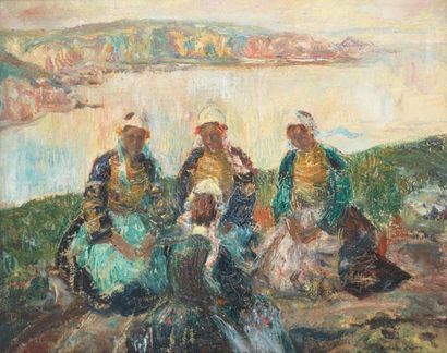RANFT Richard (1862-1931) Quatre bretonnes assises Huile sur toile Signée en bas...