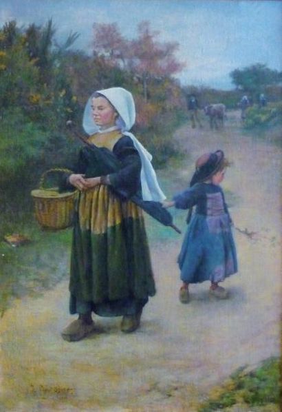 PEGOT-OGIER Jean-Bertrand (1878-1915) Femme et enfant sur un chemin, 1900 Huile sur...