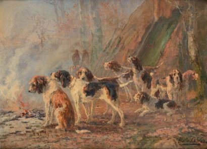 CALVES Marie (1883-1957) Scène de chasse Huile sur toile Signée en bas à droite 80...