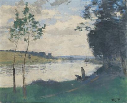 MONTEZIN Pierre Eugène (1874-1946) Bord de rivière animé à Moret-sur-Loing Huile...