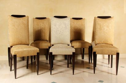 null Suite of eight chairs in varnished mahogany upholstered with slightly different...