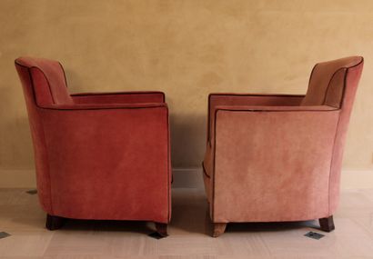 null Jules LELEU (1883-1961)

Pair of beech wood bergères with old rose piping leather...