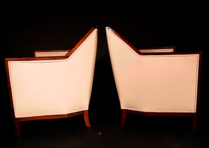null Pair of Art Deco style natural wood varnished and beige leather upholstered...