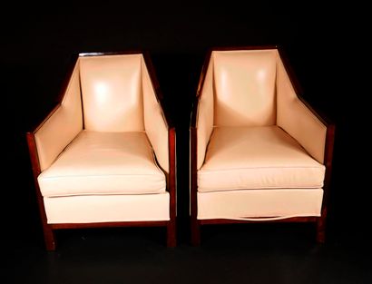 null Pair of Art Deco style natural wood varnished and beige leather upholstered...
