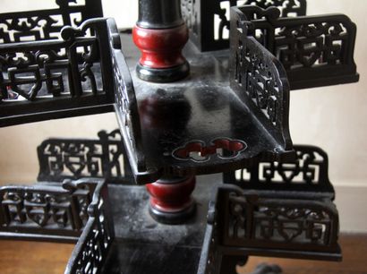 null Round rotating bookcase in blackened wood and red, black marble top, claw feet,...