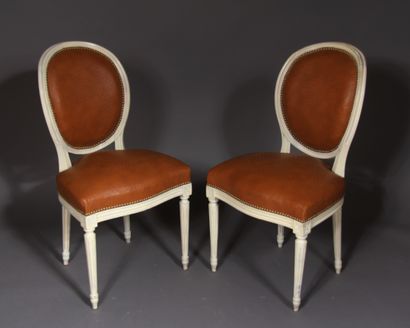 null Four cabriolet chairs with medallion backs in white lacquered wood, upholstery...