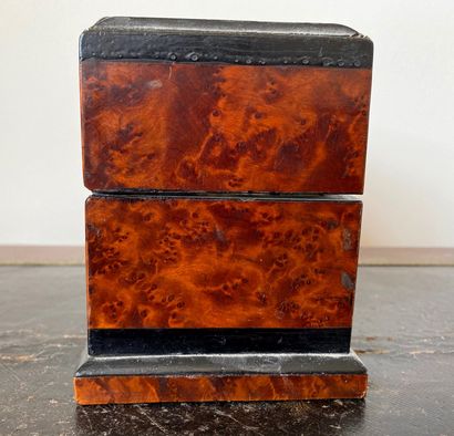 null Perfume box in burl veneer and blackened wood, the lid decorated with a faceted...