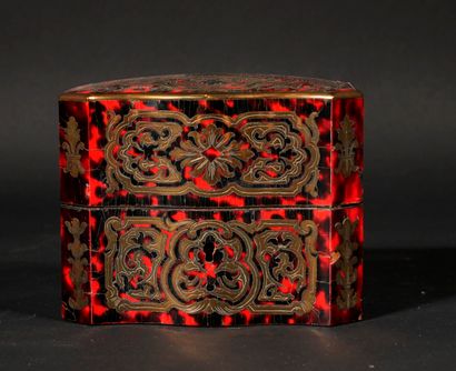 null A Boulle marquetry veneer perfume box, containing two gilded glass bottles,...