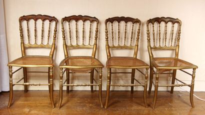 null Four caned chairs with bars in gilded wood (two with damaged caning, wear)