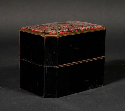 null A Boulle marquetry veneer perfume box, containing two gilded glass bottles,...