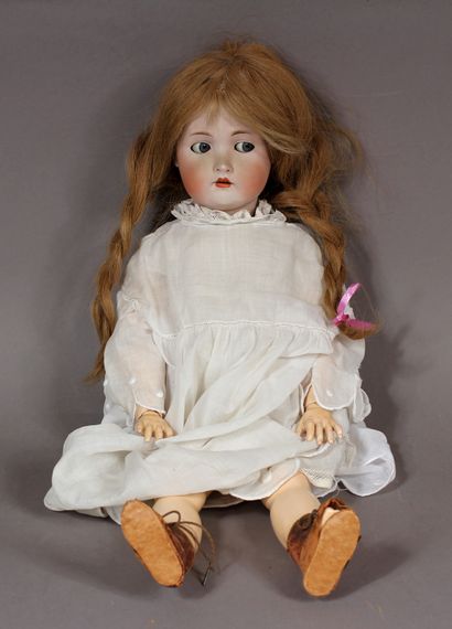 null Porcelain doll with open mouth, moving eyes and eyelids, composite body, made...