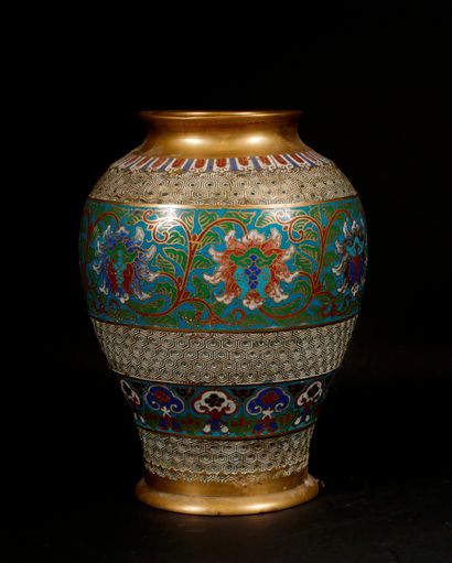 null A bronze and cloisonné bronze baluster vase with foliage friezes, China, early...