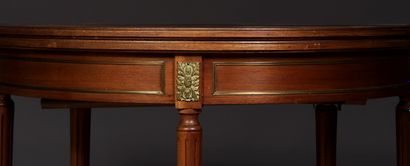 null Half-moon games table with mahogany wallet top, five tapered legs, Louis XVI...