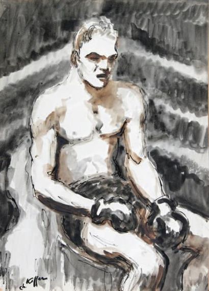 Charles KIFFER (1902-1992) Le boxeur dans son coin (étude pour le portrait de Marcel...