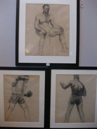 Eugène GASNIER (1910-1995) Boxeurs; études 3 fusains signés en bas à gauche