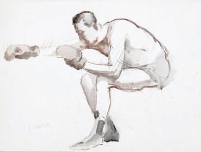 Eugène GASNIER (1910-1995) Boxeur dans le coin du ring Lavis d'encre brune signé...
