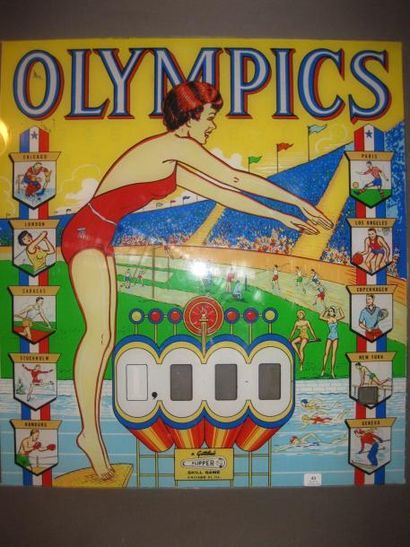 null Olympics Plaque de flipper américaine en plexiglass à décor de différents sports...