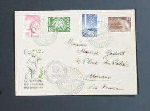 Helsinki,1952 Enveloppe du 1er jour adressée à Maurice GODDET avec 4 timbres et 4...