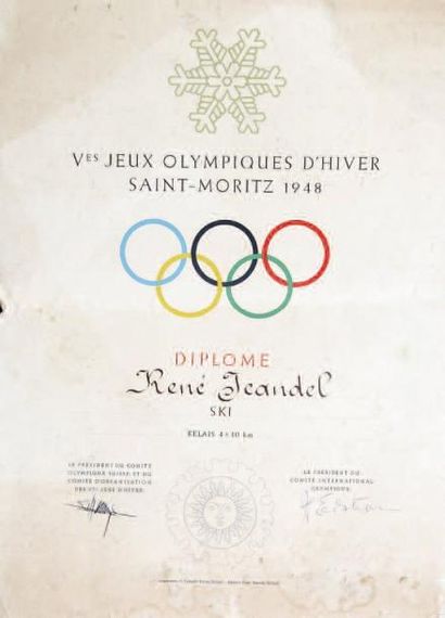Saint-Moritz,1948 Diplôme officiel remis à René JEANDEL (7e du relais 4 x 10 kms...
