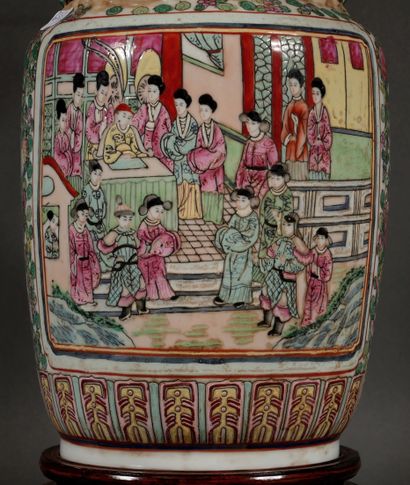 null Polychrome porcelain vase in the Famille Rose style, modern China, mounted as...