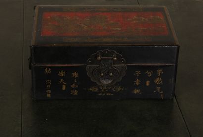 null Rectangular black and polychrome lacquered wood box with leather trim, China

H:...