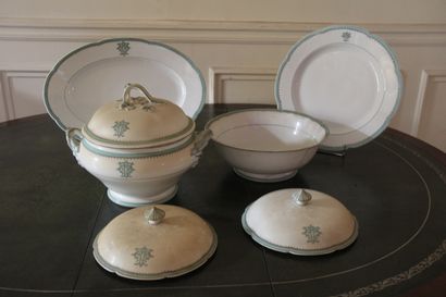 null Set of dishes, tureens, salad bowls in white porcelain with green and black...